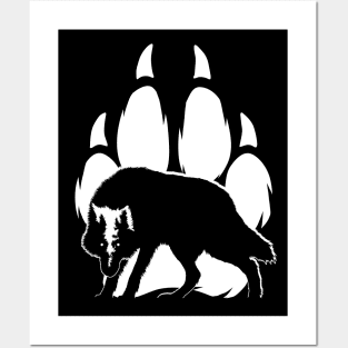 Wolf silhouette and paw Posters and Art